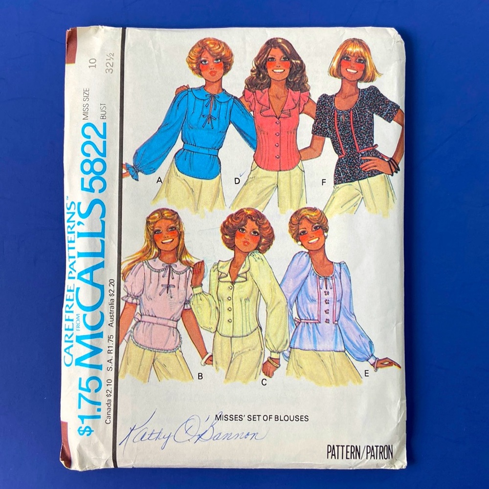 Vintage sewing pattern. 1977 women’s tops. Uncut McCalls 5822